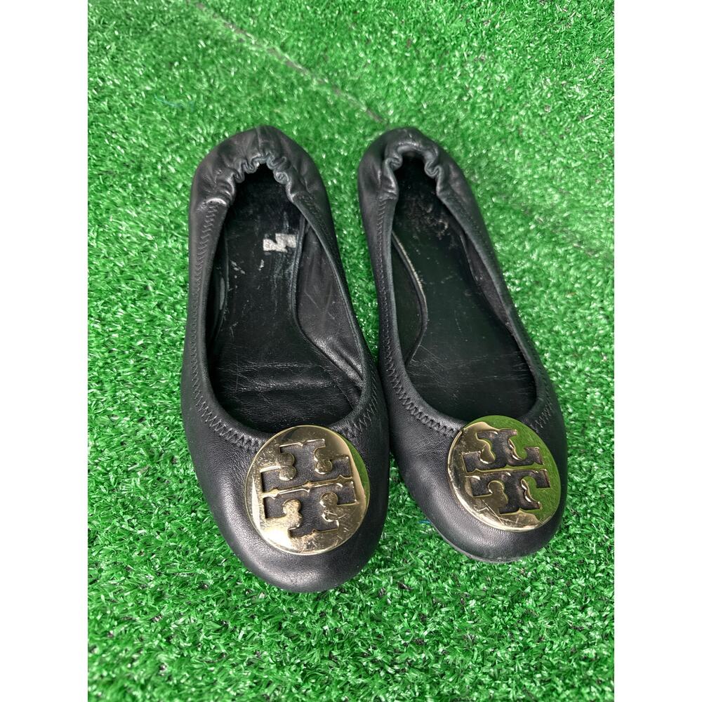 Tory Burch Reva Smooth Leather Ballet Flats in Black & Gold  Women's 7.5 M